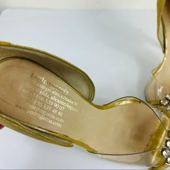 PEDRO GARCIA Retro Gold Metallic Jewel Glitter Peep Toe D'Orsay Heels Shoes 7.5 - Picture 10 of 16